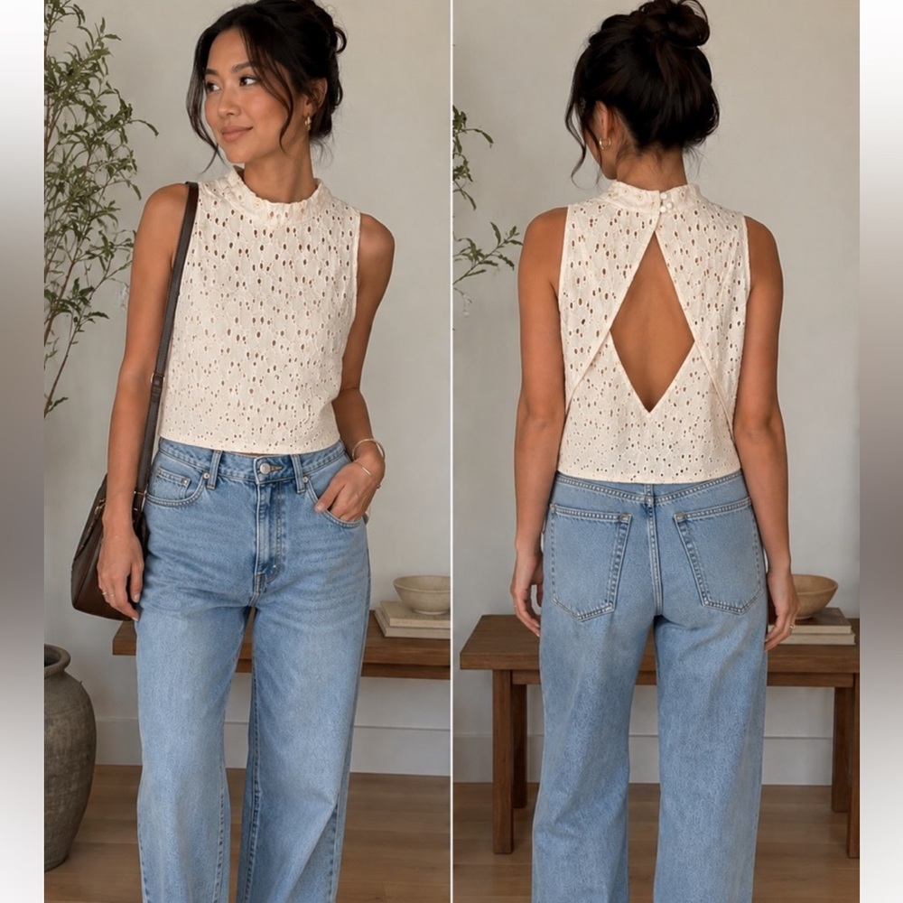 Free People Eyelet Mock Neck Sleeveless Top - Cream